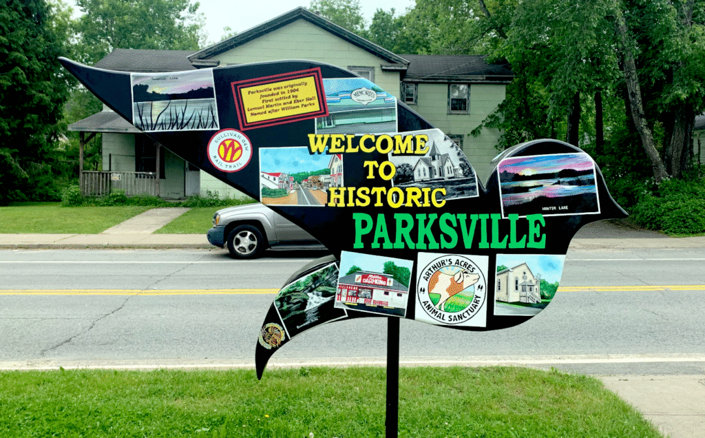 This side of the Parksville dove highlights community landmarks and natural beauty, including Hunter Lake, the Sullivan O&W Rail Trail, and Arthur’s Acres Animal Sanctuary. It also features historic Main Street, local businesses, and the cherished Cultural Arts Center. Positioned along Main Street, this artwork honors Parksville’s welcoming spirit and scenic charm, forming part of the larger Sullivan Catskills Dove Trail.