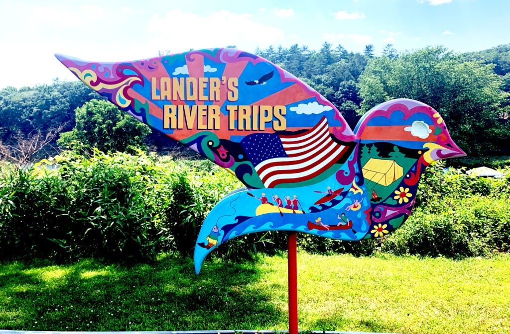 Colorful dove sculpture from a different angle, showing the detailed artwork including outdoor adventure themes with kayakers, camping scenes, natural landscapes, and patriotic elements. The sculpture features flowing, psychedelic-style artwork in bright blues, pinks, and purples, set against a wooded hillside backdrop.
